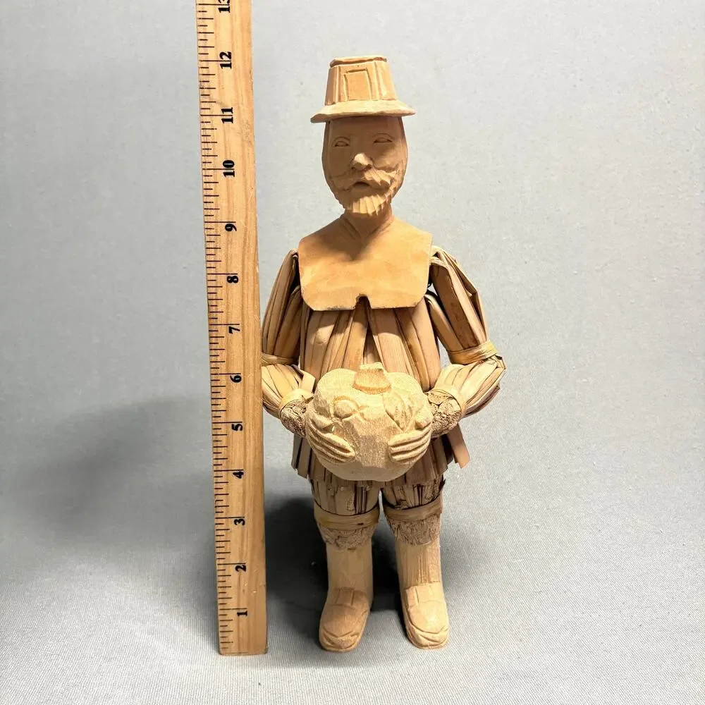Handcrafted Man Woman Turkey Figurines‎ Thanksgiving Decor Straw Wood Corn Husks